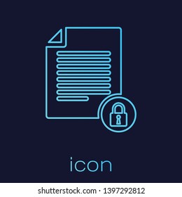 Turquoise Document and lock line icon isolated on blue background. File format and padlock. Security, safety, protection concept. Vector Illustration