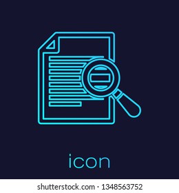 Turquoise Document with search line icon isolated on blue background. File and magnifying glass icon. Analytics research sign. Vector Illustration