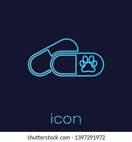 Turquoise Dog and pills line icon isolated on blue background. Prescription medicine for animal. Vector Illustration