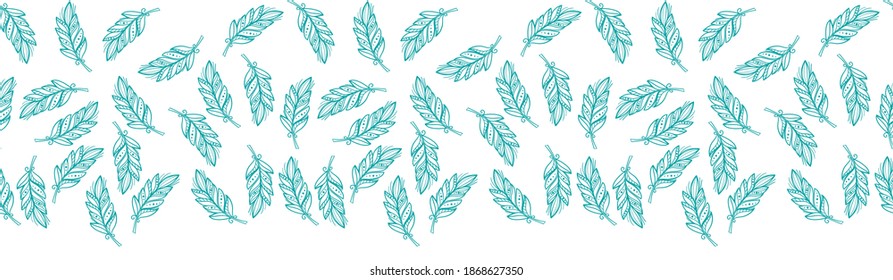 Turquoise doodle feathers chaotic seamless horizontal border on transparent background