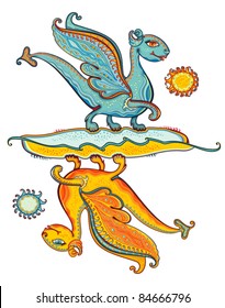 Turquoise dragon and yellow dragon. Dragons of ocean and the sun. Mythological characters.