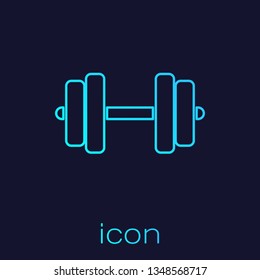 Turquoise Dumbbell line icon isolated on blue background. Muscle lifting icon, fitness barbell, gym icon, sports equipment symbol, exercise bumbbell. Vector Illustration