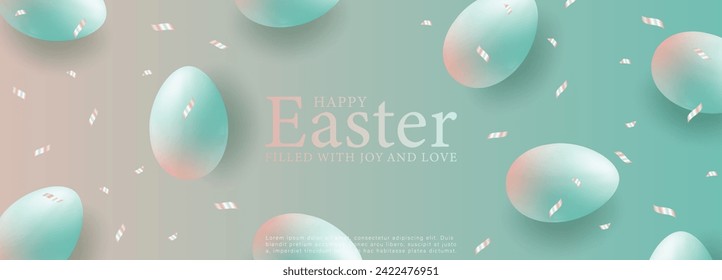 Turquoise Easter card with Easter eggs and confetti. Happy easter. Easter design, wallpaper, poster, banner