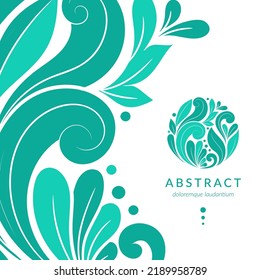 Turquoise emblem with flower in a circle shape. Can be used for jewelry, beauty and fashion industry. Great for logo, monogram, invitation, flyer, menu, background, or any desired idea.