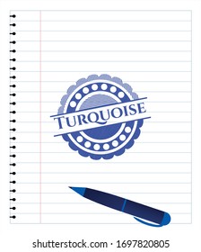 emblema turquesa con efecto pluma. Tinta azul. Ilustración vectorial. Detallado.