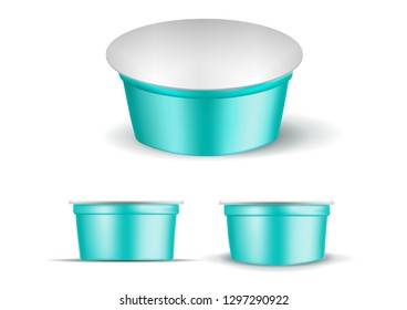 Turquoise empty plastic container for yogurt. Packaging for sour cream and sauce.