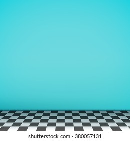 Turquoise empty scene with checkerboard floor