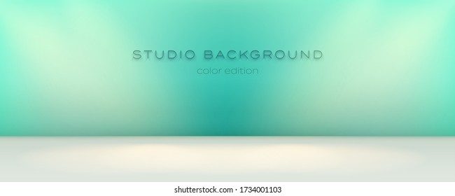 Turquoise empty studio illuminate spotlights from both sides. The ray of the searchlight on the wall. Studio room for background, display brand or product. Color edition. Vector 3d illustration