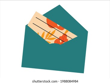 Turquoise envelope with invitation inside isolated on white.