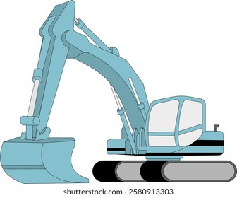 Turquoise excavator construction machine in minimal vector style. Side view of hydraulic excavator with cabin and bucket isolated on white background