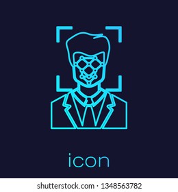 Turquoise Face recognition line icon isolated on blue background. Face identification scanner icon. Facial id. Cyber security concept. Vector Illustration