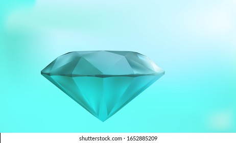 Turquoise faceted diamond. Light background, light flare on the edges.
