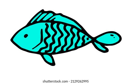 turquoise fish icon. cartoon blue fish, drawn in the style of doodles, bright blue with a black outline, with a wavy pattern of scales, side view