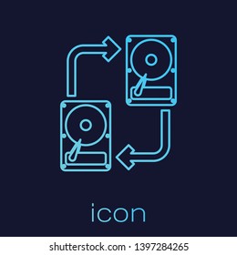 Turquoise A fixed data storage device hard disk with arrows, data copy line icon isolated on blue background. Data exchange with hard disk drive. Transfer sign. Vector Illustration