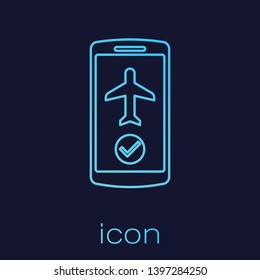 Turquoise Flight mode in the mobile phone line icon isolated on blue background. Airplane or aeroplane flight offline mode passenger regulation airline . Vector Illustration