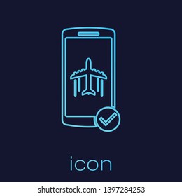 Turquoise Flight mode in the mobile phone line icon isolated on blue background. Airplane or aeroplane flight offline mode passenger regulation airline . Vector Illustration