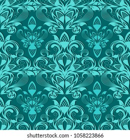 Turquoise floral 3d seamless pattern. Vector vintage monochrome  background. Hand drawn lattice flowers, striped leaves, swirls, curves,  ornament. Surface texture. Luxury design for fabric, wallpaper