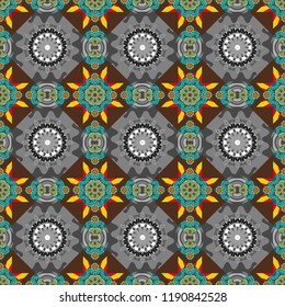 Turquoise floral art. Seamless pattern luxury ornament, eastern style in gray, brown and blue colors. Ornate decor for invitation, greeting card. Vector element, arabesque for design template.