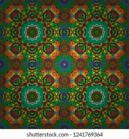 Turquoise floral art. Seamless pattern luxury ornament, eastern style in green, yellow and red colors. Vector element, arabesque for design template. Ornate decor for invitation, greeting card.