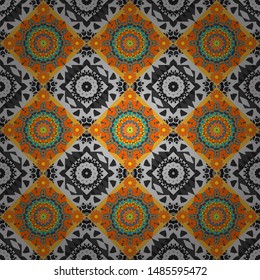 Turquoise floral art. Seamless pattern luxury ornament, eastern style in orange, blue and gray colors. Ornate decor for invitation, greeting card. Vector element, arabesque for design template.