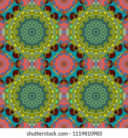Turquoise floral art. Vector element, arabesque for design template. Seamless pattern luxury ornament, eastern style in blue, red and green colors. Ornate decor for invitation, greeting card.