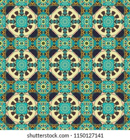 Turquoise floral art. Vector element, arabesque for design template. Ornate decor for invitation, greeting card. Seamless pattern luxury ornament, eastern style in yellow, brown and blue colors.