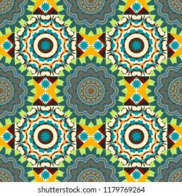 Turquoise floral art. Vector element, arabesque for design template. Ornate decor for invitation, greeting card. Seamless pattern luxury ornament, eastern style in beige, blue and green colors.