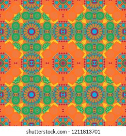 Turquoise floral art. Vector element, arabesque for design template. Ornate decor for invitation, greeting card. Seamless pattern luxury ornament, eastern style in blue, green and yellow colors.