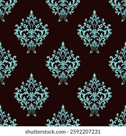 Turquoise floral damask seamless pattern. Fine vector traditional ornament with oriental elements. Victorain, barogue styles. Idea for wallpaper, textiles, tiles, and pottery.