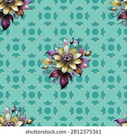 Turquoise floral medallion seamless pattern featuring colorful bouquet motifs and subtle geometric background details. Fresh decorative textile print perfect for apparel, bedding, wallpaper, cushions, and home accessories.