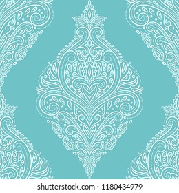Turquoise floral seamless pattern. Folk ornament vector, vintage elements. Traditional, Turkish, Indian motifs. Great for fabric and textile, wallpaper, packaging or any desired idea. 
