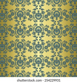 Turquoise floral seamless pattern on gold background - vector illustration.