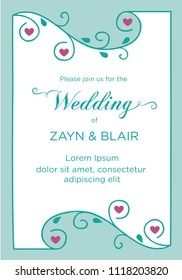 turquoise floral swirls frame with purple hearts inside, wedding invitations template
