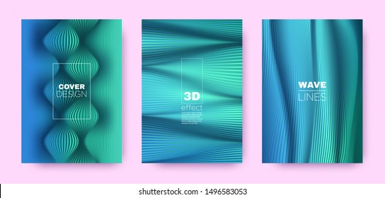 Turquoise Flow Banner. Minimal Covers Set. Business Vibrant Lines. 3d Geometric Background. Flow Distorted Lines. Movement Covers Set. Green Minimal Banner. Blue Flow Illustration.