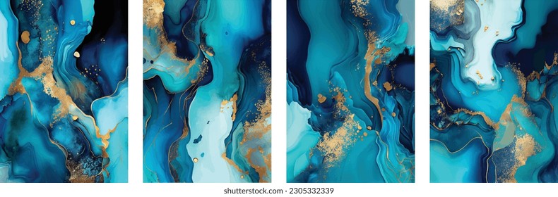 Turquoise flow geode marble alcohol ink abstract vector