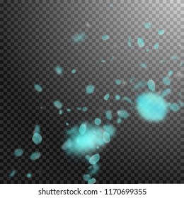 Turquoise flower petals falling down. Emotional romantic flowers corner. Flying petal on transparent square background. Love, romance concept. Alluring wedding invitation.