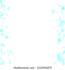 Turquoise flower petals falling down. Popular romantic flowers borders. Flying petal on white square background. Love, romance concept. Actual wedding invitation.