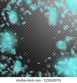 Turquoise flower petals falling down. Delicate romantic flowers vignette. Flying petal on transparent square background. Love, romance concept. Dazzling wedding invitation.