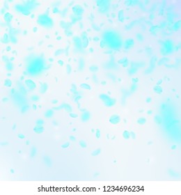 Turquoise flower petals falling down. Fine romantic flowers gradient. Flying petal on blue sky square background. Love, romance concept. Classic wedding invitation.
