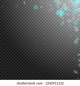 Turquoise flower petals falling down. Authentic romantic flowers corner. Flying petal on transparent square background. Love, romance concept. Adorable wedding invitation.