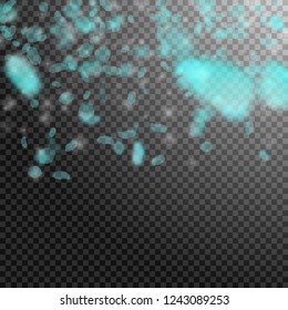 Turquoise flower petals falling down. Quaint romantic flowers gradient. Flying petal on transparent square background. Love, romance concept. Bizarre wedding invitation.