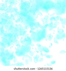 Turquoise flower petals falling down. Surprising romantic flowers gradient. Flying petal on white square background. Love, romance concept. Classy wedding invitation.