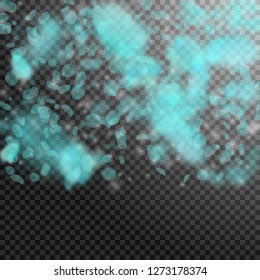 Turquoise flower petals falling down. Fetching romantic flowers gradient. Flying petal on transparent square background. Love, romance concept. Charming wedding invitation.