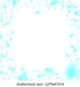 Turquoise flower petals falling down. Modern romantic flowers frame. Flying petal on white square background. Love, romance concept. Bizarre wedding invitation.