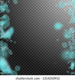 Turquoise flower petals falling down. Incredible romantic flowers borders. Flying petal on transparent square background. Love, romance concept. Actual wedding invitation.