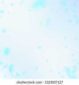 Turquoise flower petals falling down. Quaint romantic flowers vignette. Flying petal on blue sky square background. Love, romance concept. Curious wedding invitation.