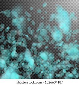 Turquoise flower petals falling down. Glamorous romantic flowers gradient. Flying petal on transparent square background. Love, romance concept. Comely wedding invitation.