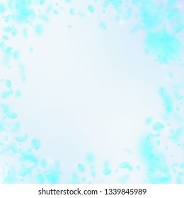 Turquoise flower petals falling down. Appealing romantic flowers vignette. Flying petal on blue sky square background. Love, romance concept. Curious wedding invitation.