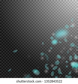 Turquoise flower petals falling down. Classic romantic flowers corner. Flying petal on transparent square background. Love, romance concept. Amazing wedding invitation.