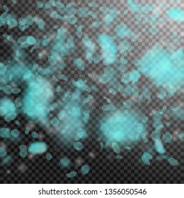 Turquoise flower petals falling down. Extra romantic flowers gradient. Flying petal on transparent square background. Love, romance concept. Bold wedding invitation.